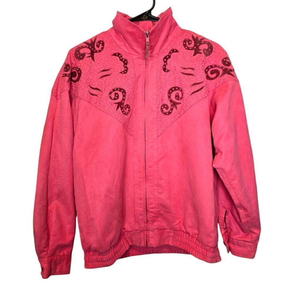 Vintage Suede-Like Embroidered Zip-Up Jacket Size Small Western Boho Pink